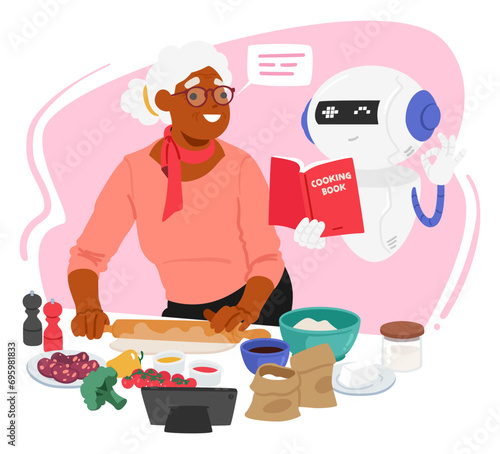 Elderly Woman Joyfully Interacts With Kitchen Chat Bot Assistant, Seeking Recipe Advice. Virtual Culinary Collaboration