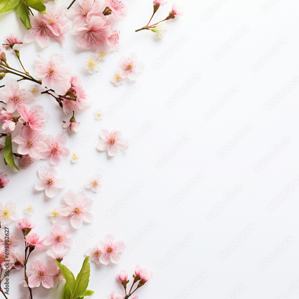 Fondo con detalle de varias flores de tono rosados sobre superficie de color blanco