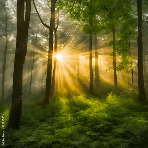 floresta com pôr do sol e com raios solares - 1