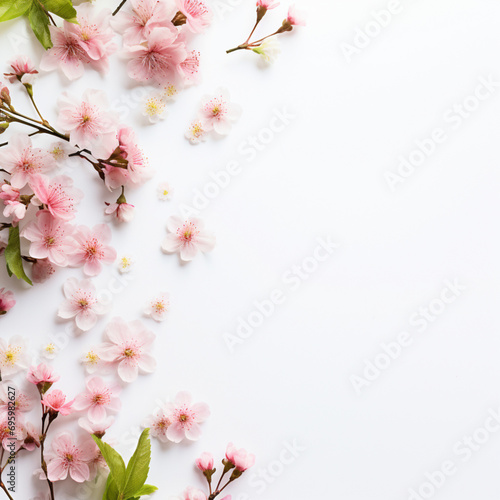 Fondo con detalle de varias flores de tono rosados sobre superficie de color blanco