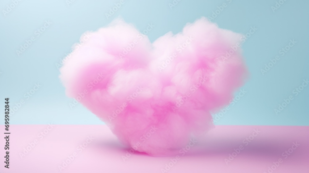 Close up of colorful heart-shaped cotton candy on a pastel background, symbolizing love and romance