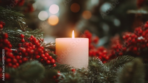 Close up of a lit candle surrounded by spruce tree branches adorned with red berries.