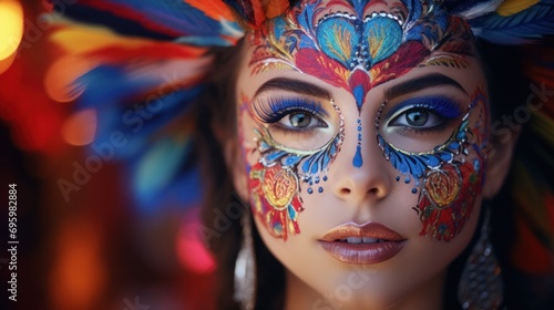 A vibrant carnival mask enhancing the beauty of a woman's face. © Sandris_ua