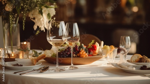 an elegant and select restaurant table with a wine glass and appetizers beautifully set on a bar table