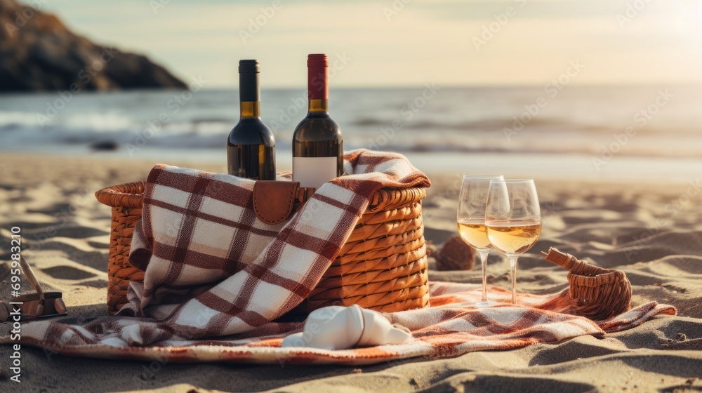 Blanket, picnic basket, wine, and glasses set up for a charming beach picnic near the sea, inviting you to relax and enjoy
