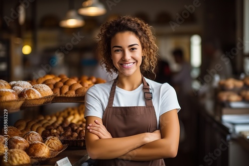 Sweet Success Proud and Joyful Small Bakery Owner Smiles Over Her Confectionery Store, Capturing the Cheerful Essence of a Passionate Female Baker. created with Generative AI