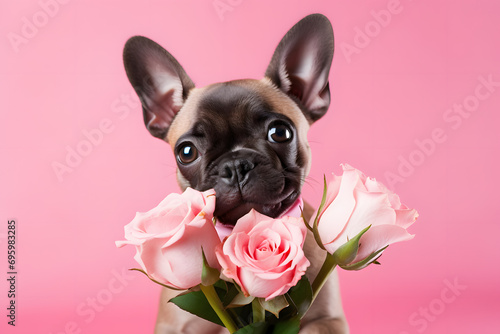 French Bulldog dog with pink rose flowers in front of pastel pink studio background photo