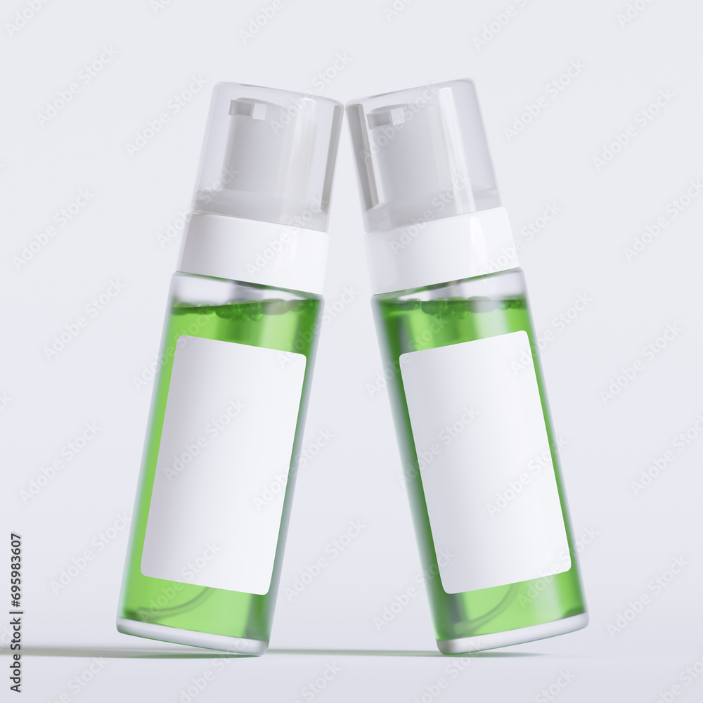 Glass bottle cosmetic rendering 3D software illustration with label and white color realistic texture Glass bottle cosmetic rendering 3D software illustration with label and white color realistic texture