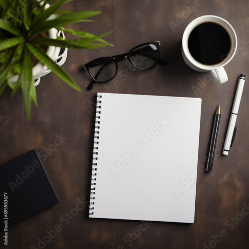 Fotografia de estilo mockup con detalle de libreta en blanco sobre mesa de madera, con gafas, cafe y planta