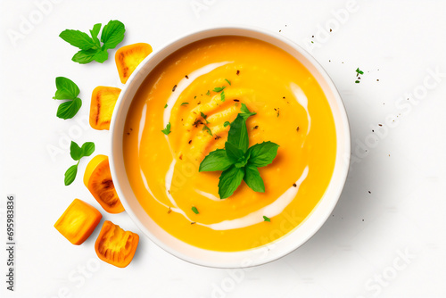 Top view of Roasted butternut squash soup healthy food isolated. white background photo