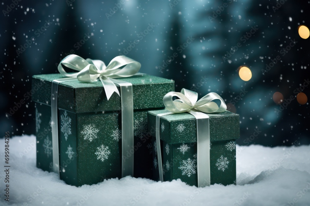 green and silver christmas gift box with bows and snow falling green and silver christmas gift box with bows and snow falling
