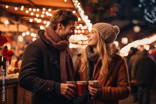 couple in love on romantic date at Christmas market with festive lights drinking hot wine drinks photo