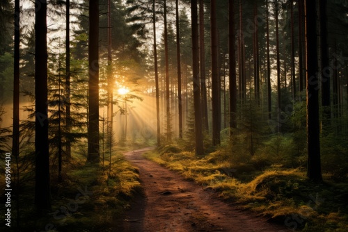 Enchanting sunbeams filtering through a misty forest  casting mesmerizing rays of sunlight