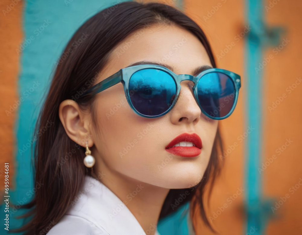 Closeup view of young woman in stylish color bright big sunglasses on a colored wall Closeup view of young woman in stylish color bright big sunglasses on a colored wall