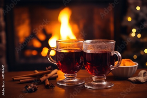 two glasses of  hot red wine or gluhwein winter drink at home near fireplace with flames bokeh