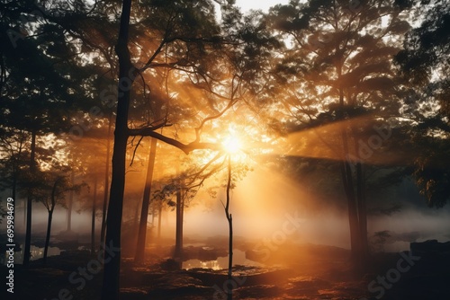 Enchanting sunbeams piercing through a mysterious misty forest with brilliant sun rays