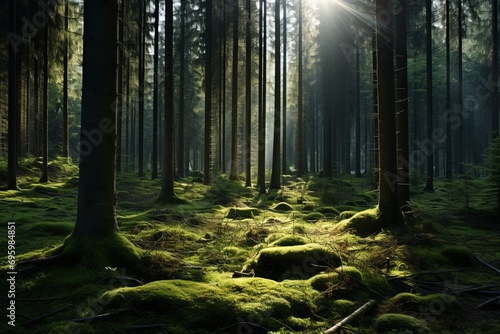 Mesmerizing sunbeams illuminating a captivating misty forest with radiant sun light rays