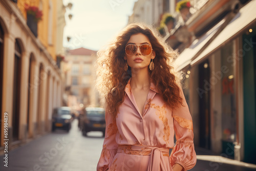 A beautiful girl model dressed according to the latest fashion trends is walking along a city street. Accents of Peach Fuzz shade in clothes create a refined and fashionable image.