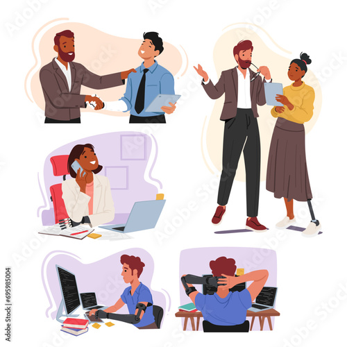 Diverse And Resilient Characters With Disabilities Contribute Skillfully In Office Environment, Showcasing Adaptability