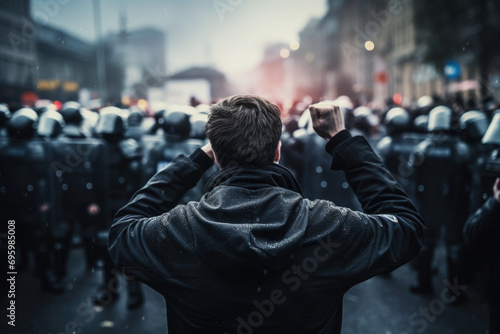 Rear view of demonstrations, people protesting and police forces on the street