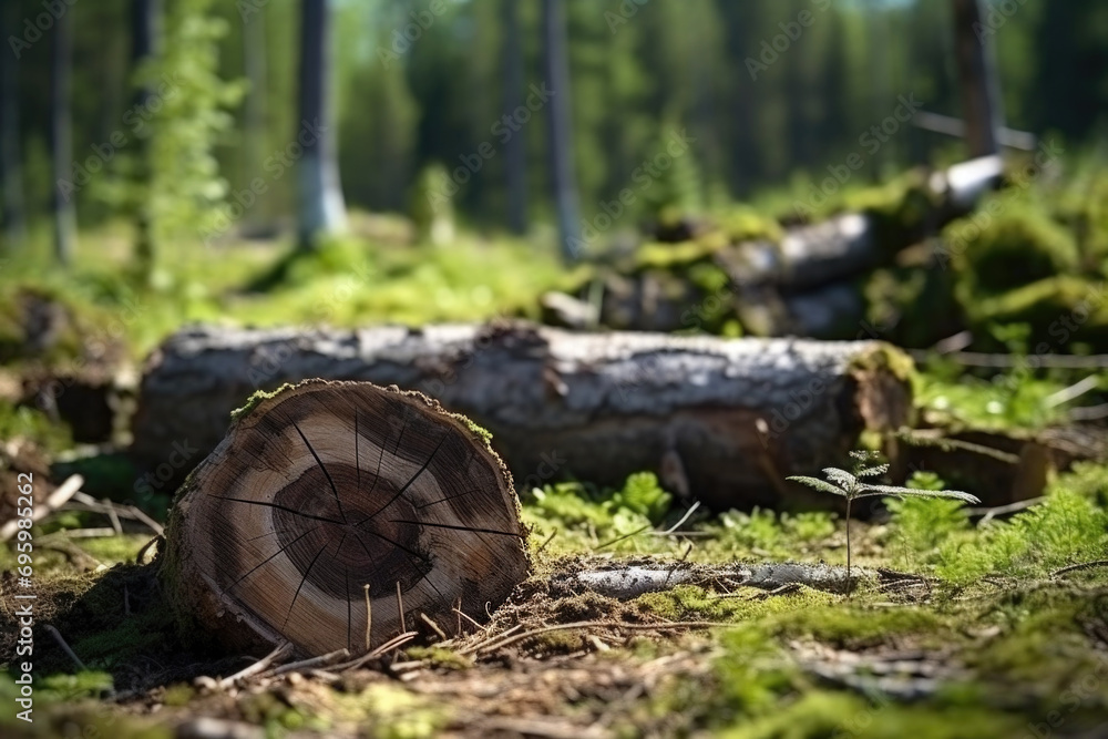Cut down trees in the forest. Deforestation, forest destruction Cut down trees in the forest. Deforestation, forest destruction