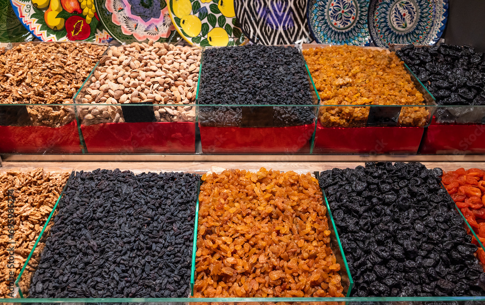 Trays with dried fruits at the fair Trays with dried fruits at the fair