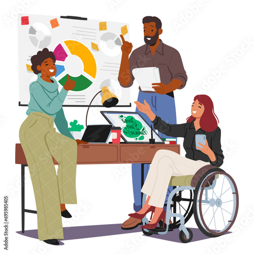 Disabled Woman On Wheelchair In Bustling Office with Colleagues. Female Character Showcasing Resilience