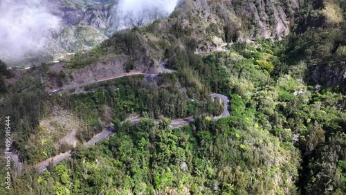 Road of the Cirque of Cilaos on Reunion Island aerial view photo