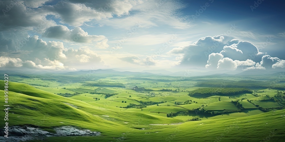 Landscape captures essence of vibrant summer day in countryside. Expansive field dressed in lush greenery stretches out under vast blue sky adorned with fluffy white clouds Landscape captures essence of vibrant summer day in countryside. Expansive field dressed in lush greenery stretches out under vast blue sky adorned with fluffy white clouds