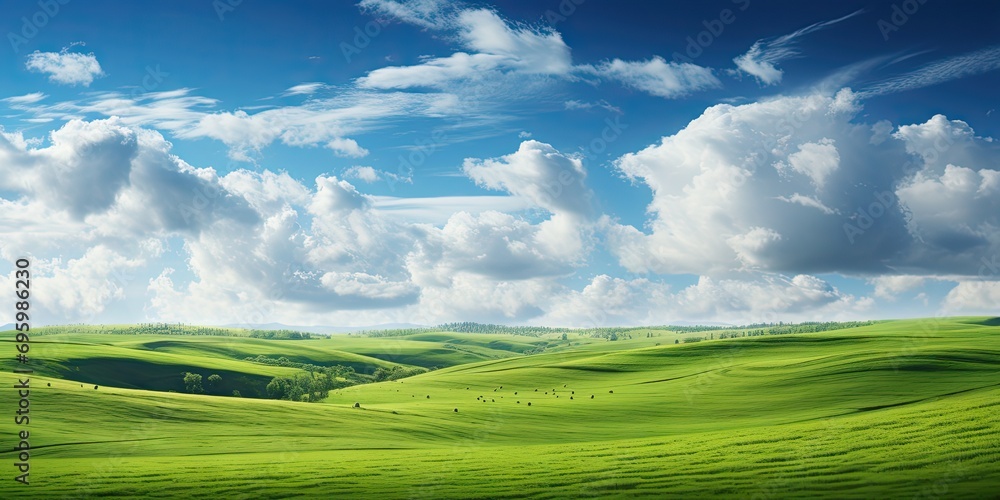 Obraz premium Landscape captures essence of vibrant summer day in countryside. Expansive field dressed in lush greenery stretches out under vast blue sky adorned with fluffy white clouds
