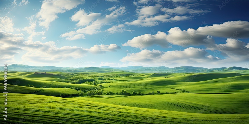 Landscape captures essence of vibrant summer day in countryside. Expansive field dressed in lush greenery stretches out under vast blue sky adorned with fluffy white clouds