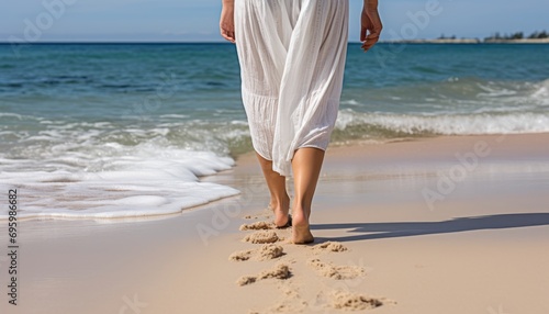 Tranquil beach travel serene closeup of a woman gracefully walking on the sandy beach coastline