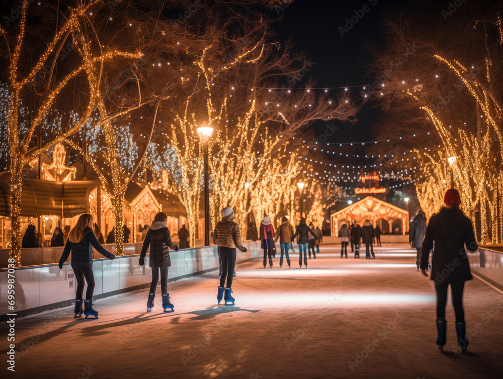 Charming Nighttime Outdoor Ice Skating Rink Alive with Skaters Reveling in the Wintry Ambience