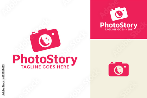 Digital Camera with Human Face and Star on Lens for Story Picture Photo Photography Snapshot Logo Design