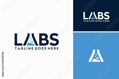 Laboratory Test Tube Flask Glassware with Liquid Bubble as Letter A for Lab word mark logotype typography logo design
