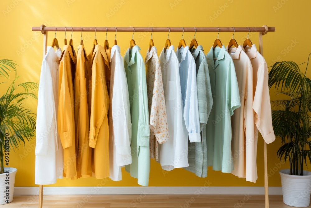 Vibrant and diverse collection of fashion clothes on a clothing rack in a colorful closet