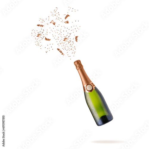 Champagne bottle with water drops and pink golden confetti flying isolated on white background Peach Fuzz colored card.