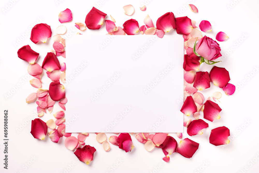 Rose flower petals forming frame around white empty paper Rose flower petals forming frame around white empty paper