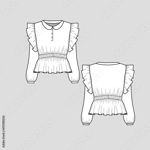 Fashion top Collar neck button panel Ruffles long Sleeve smocked cuff frill fashion waist gathering blouse t shirt Fashion flat sketch drawing template design vector