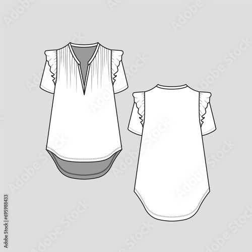 Fashion Top neck gathering Ruffles short Sleeve pleat gatherings detail high low dip hem t shirt top blouse fashion clothing flat sketch technical drawing template design vector