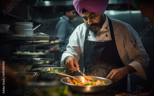 Indian male chef cooking in the kitchen.