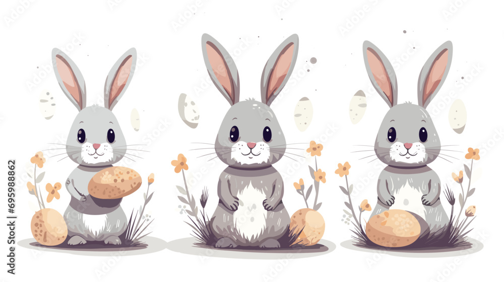 vector illustration set, cute Cartoon Rabbit with Easter Eggs or flowers. Decoration element. Set of cute easter bunnies. Easter bunny with eggs. Beautiful design element. Decoration for school, menu,