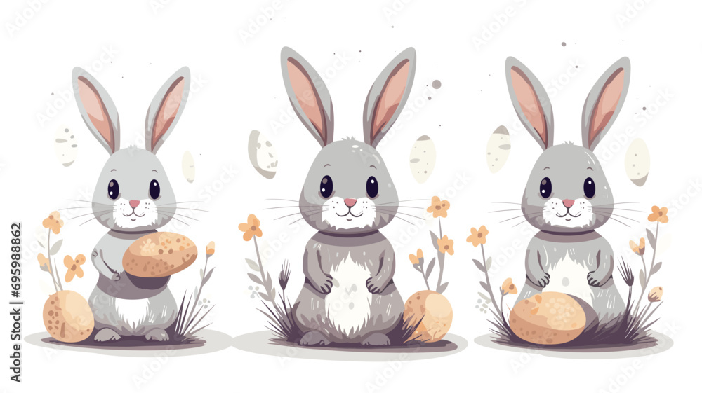 Fototapeta premium vector illustration set, cute Cartoon Rabbit with Easter Eggs or flowers. Decoration element. Set of cute easter bunnies. Easter bunny with eggs. Beautiful design element. Decoration for school, menu,