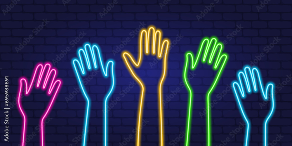 Hands raised up. Neon style image. Hand gestures. Vector illustration Hands raised up. Neon style image. Hand gestures. Vector illustration