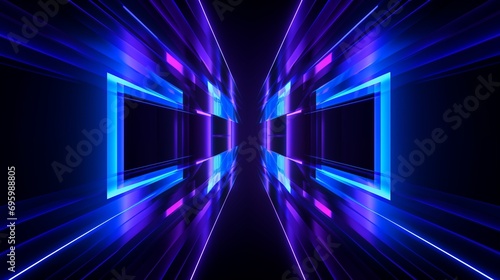 Purple grids neon glow light lines design on perspective floor, 3d technology abstract neon light background. Abstract flight in retro neon hyper warp space in the tunnel. 