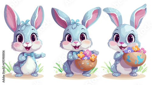 vector illustration set, cute Cartoon Rabbit with Easter Eggs or flowers. Decoration element. Set of cute easter bunnies. Easter bunny with eggs. Beautiful design element. Decoration for school, menu,
