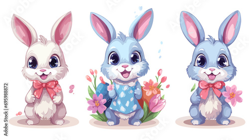 vector illustration set, cute Cartoon Rabbit with Easter Eggs or flowers. Decoration element. Set of cute easter bunnies. Easter bunny with eggs. Beautiful design element. Decoration for school, menu,