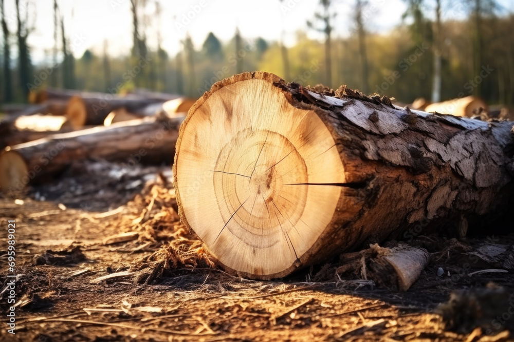 Fototapeta premium Cut down trees in the forest. Deforestation, forest destruction 
