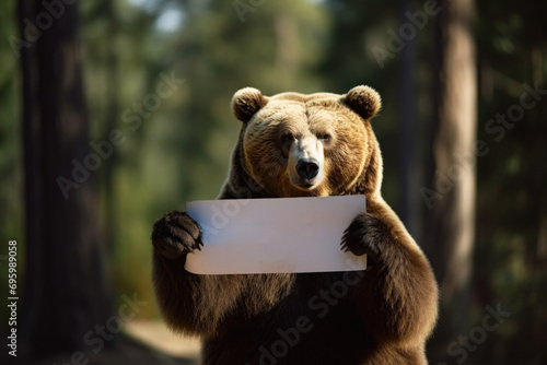 Bear holding a banner protesting against deforestation and destruction of wild life natural habitat photo
