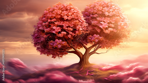 Blooming tree with pink flowers on a blurred background.